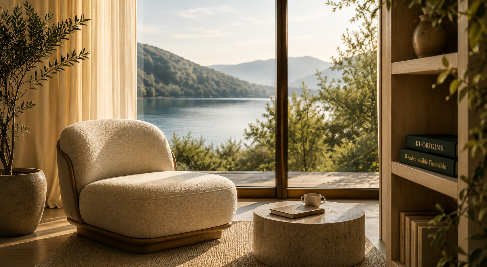 Salon moderne avec fauteuil beige, table en pierre, vue sur un lac et des montagnes via de grandes fenêtres, bibliothèque en bois avec livres et plantes d'intérieur