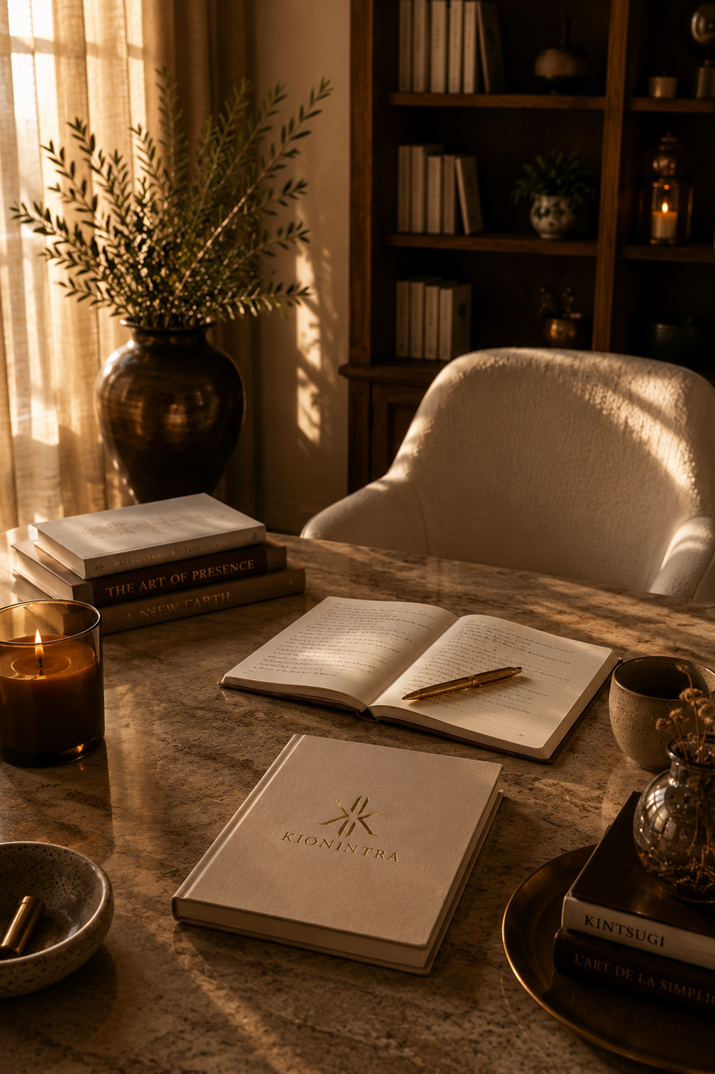 Un bureau avec des livres, un carnet ouvert avec un stylo, une bougie allumée, une tasse, et une plante verte dans un vase en céramique. La pièce est éclairée par la lumière naturelle à travers une fenêtre avec des rideaux transparents.