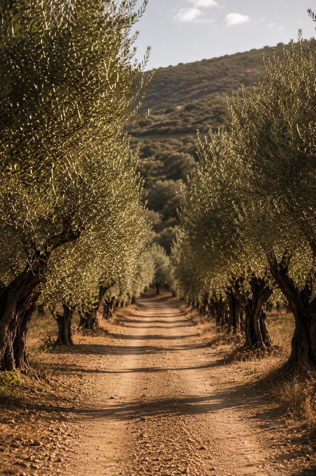 Allée d'oliviers avec des lampes suspendues dans les branches, sous un ciel partiellement nuageux, à l'automne.