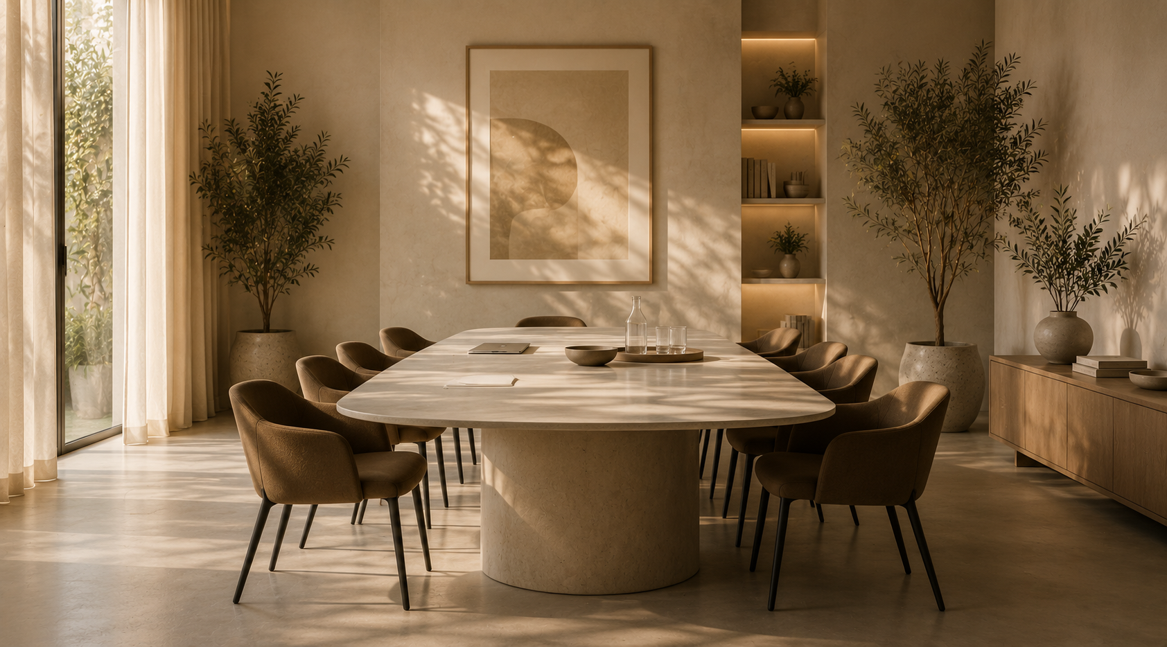 Salle à manger moderne avec une grande table en pierre, seize chaises en tissu marron, deux grandes plantes en pot et des étagères lumineuses avec des décorations en arrière-plan.