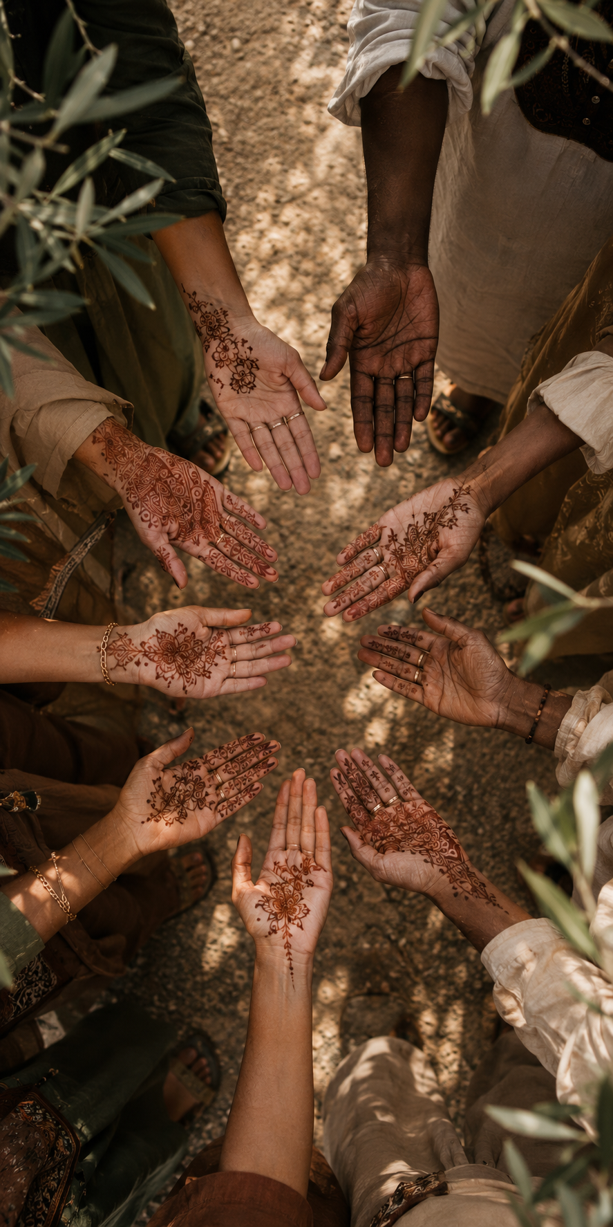Groupe de personnes avec des mains décorées de henné, formant un cercle.