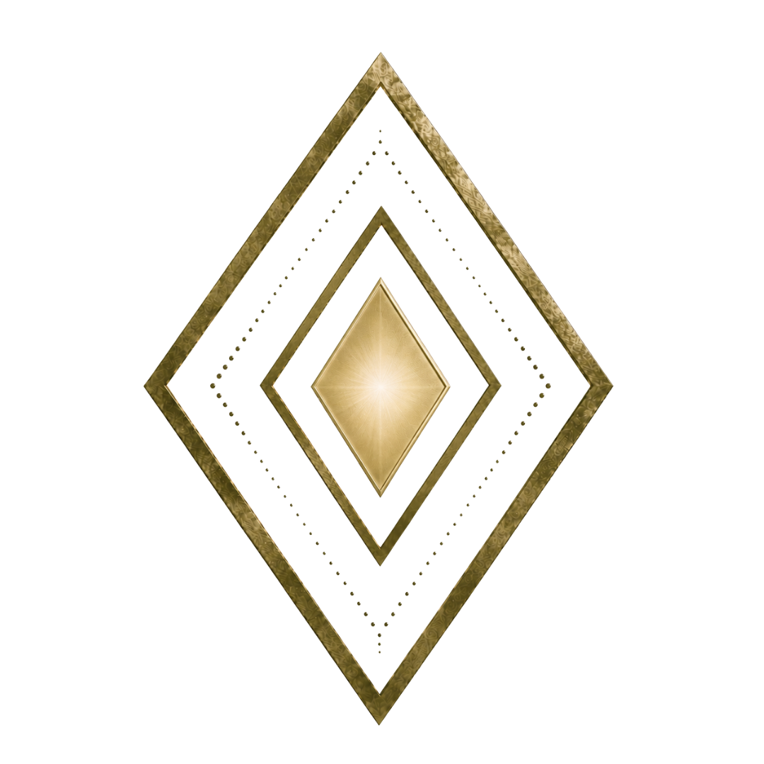 Décor géométrique avec des formes en diamant en or et en vert, sur fond noir.