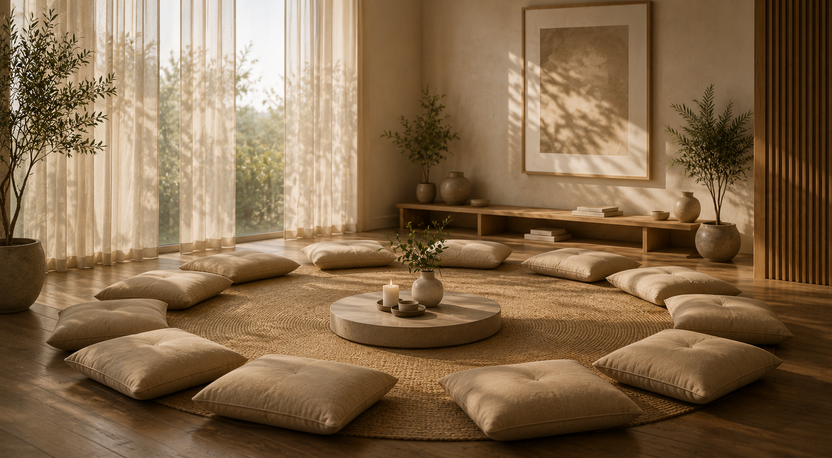 Intérieur de style zen avec un tapis rond, coussins beiges disposés en cercle, un centre de table avec une bougie, des vases avec des plantes, des rideaux laissant passer la lumière naturelle, et des œuvres d'art minimalistes sur le mur.