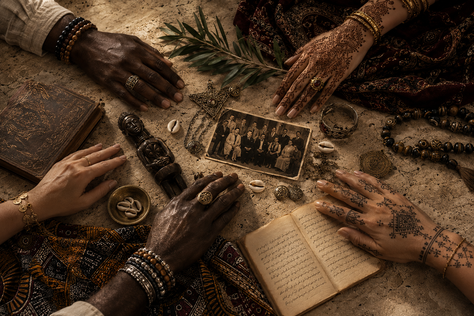 Groupe de personnes avec des objets culturels, bijoux, livres anciens, famille en vêtements traditionnels, matériel ésotérique, et éléments décoratifs sur une surface en pierre.