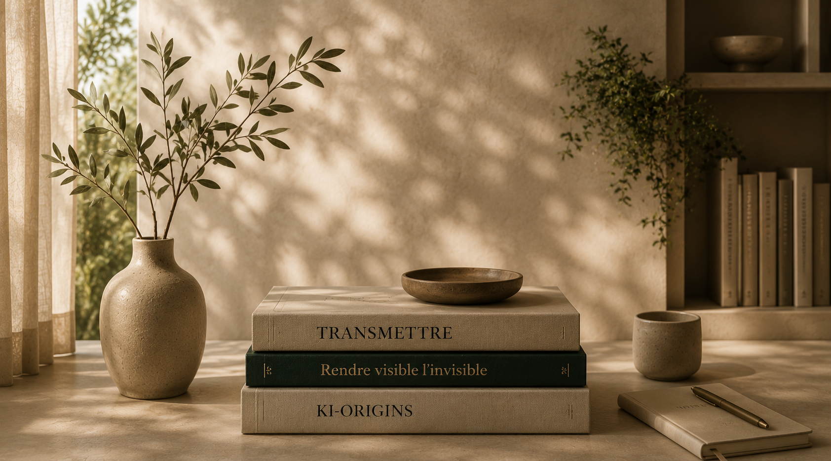 Vase beige avec branches vertes, livres empilés avec titres en français, petite coupe en céramique, carnet et stylo doré sur une table