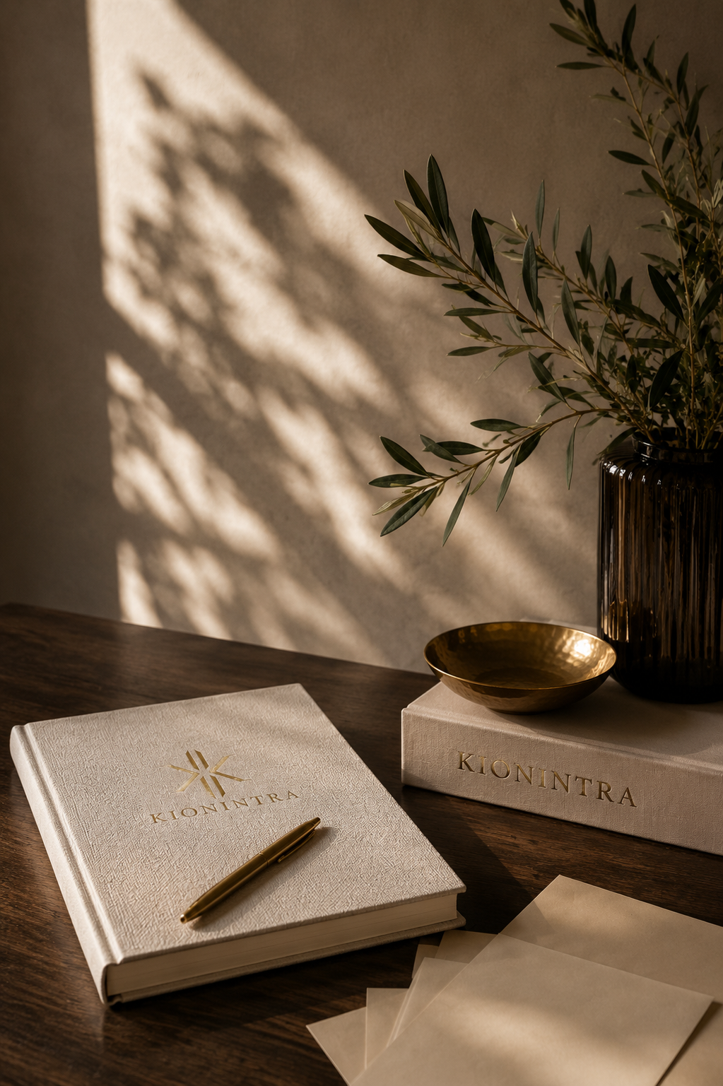 Un carnet blanc avec le logo et le nom "KIONINTRA" en or, une plume dorée posée dessus, un vase noir avec des branches d'olivier, une petite coupe dorée, un livre blanc avec le même logo et nom, et quelques feuilles de papier sur une table en bois.