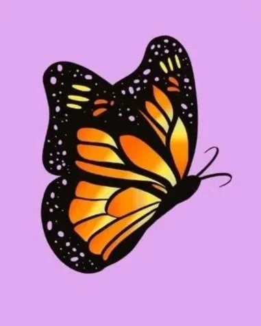 Illustration of a monarch butterfly with orange, black, and white wings on a purple background.