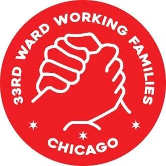Red circular emblem with white outline of two hands clasped in a handshake, surrounded by the text '33RD WARD WORKING FAMILIES CHICAGO' and four small white stars.