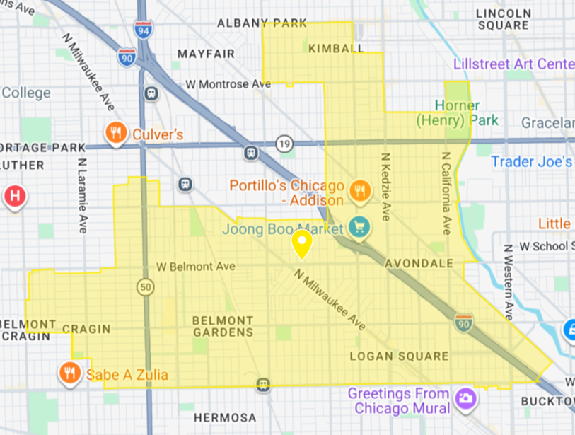 Map of Chicago with neighborhood boundaries highlighted in yellow, showing streets, parks, and some landmarks.