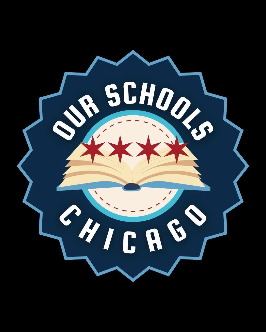 Badge with a blue starburst outline, featuring an open book and four red stars above it, with the text 'Our Schools Chicago' surrounding the design.
