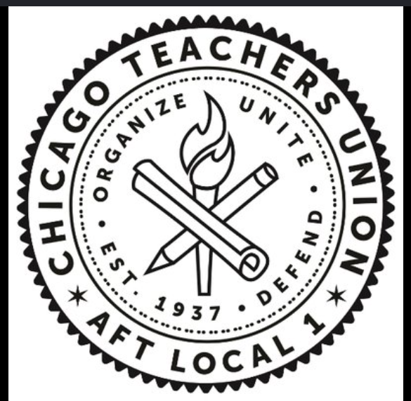 Seal of the Chicago Teachers Union featuring a crossed pencil and chalk with a torch in the center, encircled by the text "Organize Unite", "Est. 1937", "Defend", and “AFT Local 1”.