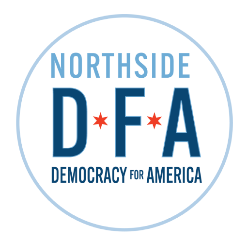Circular logo with the words 'Northside DFA' and 'Democracy for America', featuring red stars and light blue and dark blue text