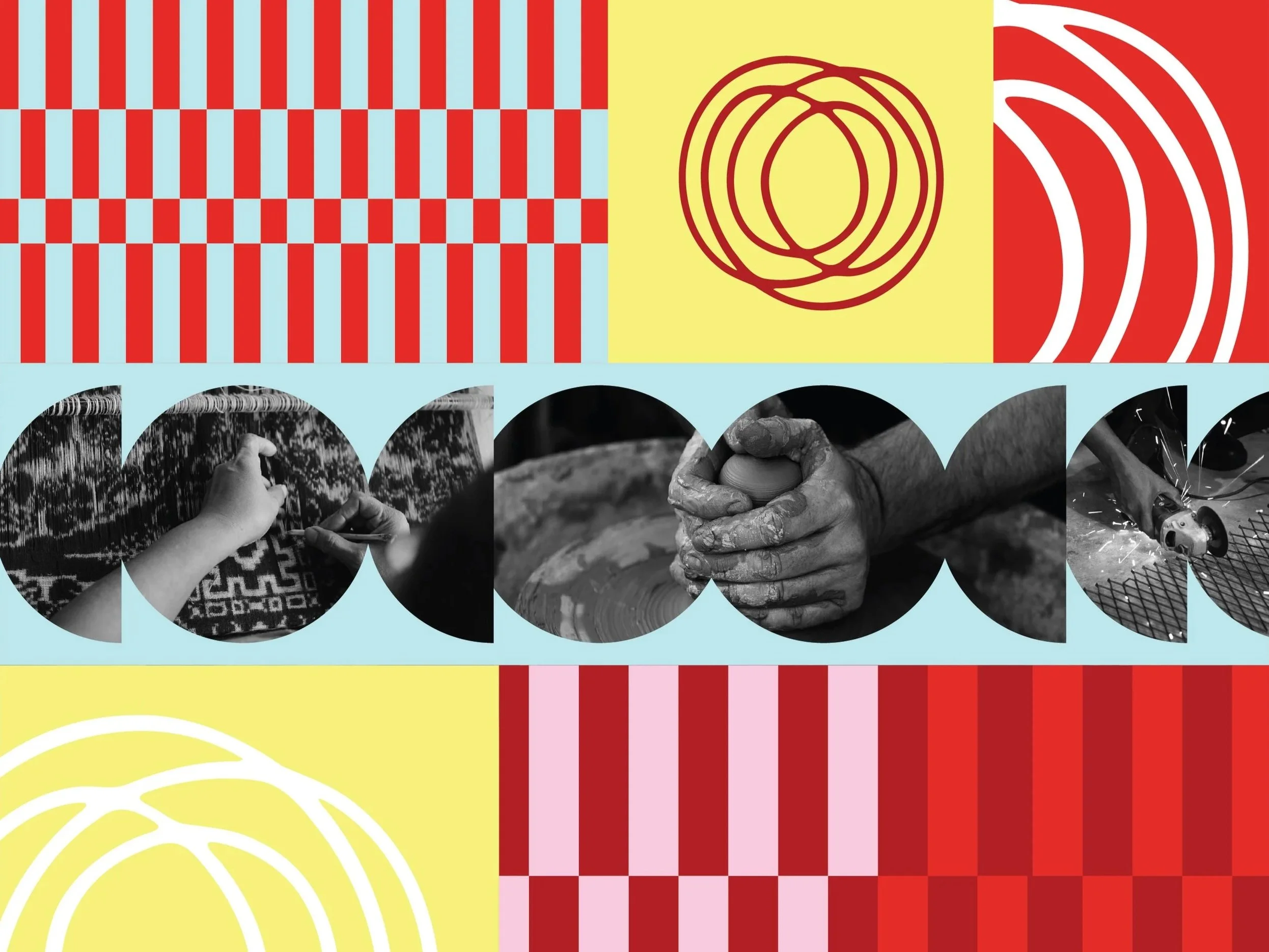 Abstract colorful design with red and white checkered patterns, black and white photos of hands working with clay and tools, and bright yellow background sections featuring circular and spiral patterns.