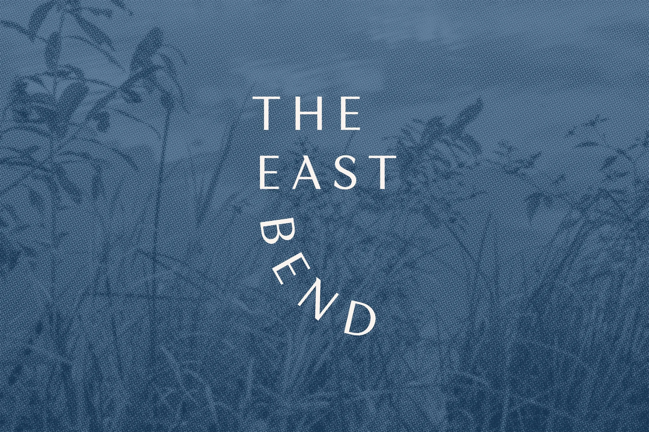 Overlay text reading 'THE EAST BEYOND' on a blue background with a faint outline of palm tree leaves.