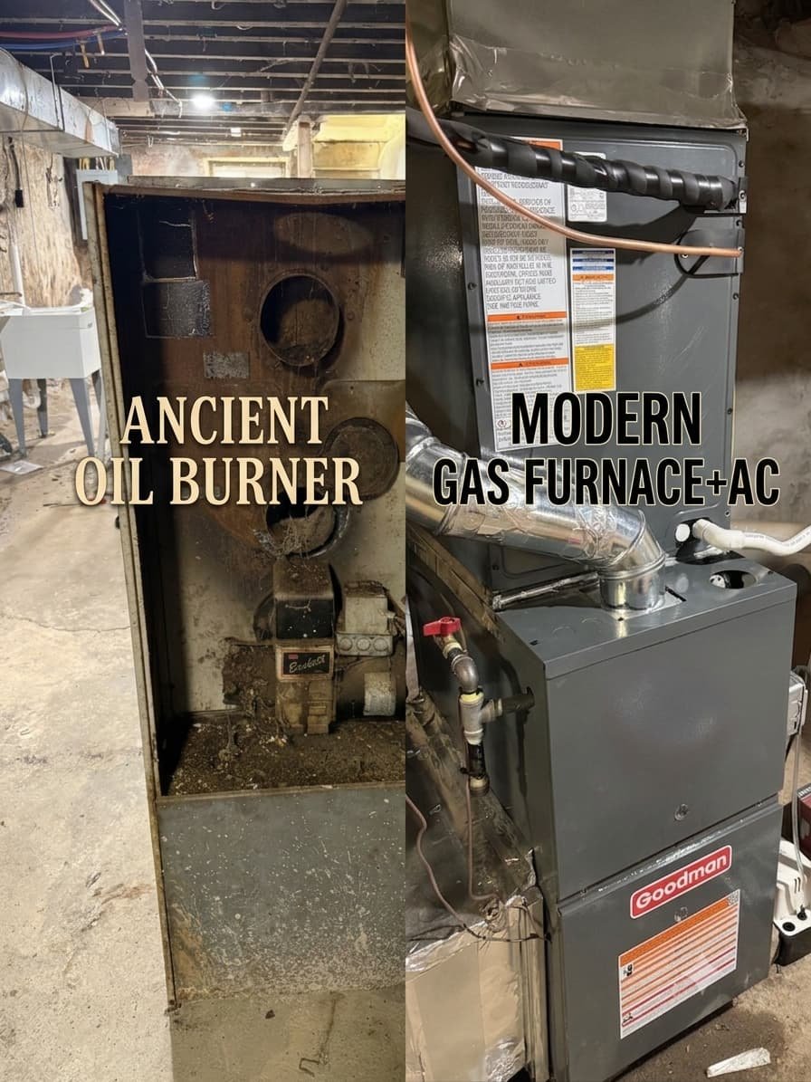 Old oil burner side by side with a modern gas furnace\ac