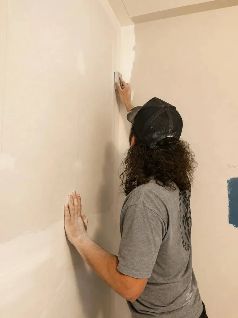 A person with long, curly hair, wearing a gray T-shirt and a black cap, is using a putty knife to smooth white joint compound on a wall.