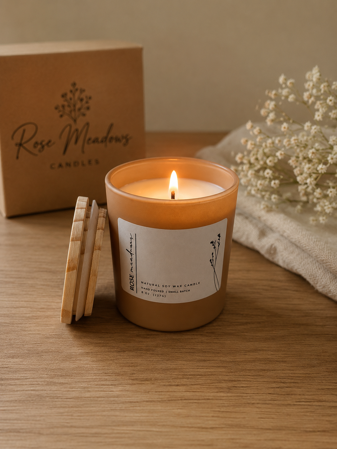 Lit natural soy wax candle in a beige jar with a minimalist label, placed on a wooden surface with a sprig of white flowers and a cardboard box in the background.