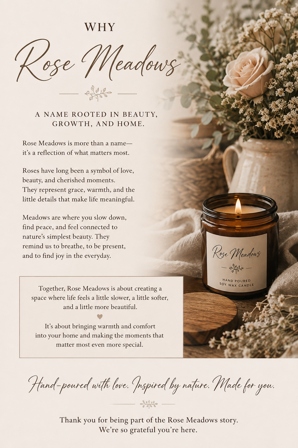 A promotional poster for Rose Meadows featuring a bouquet of flowers, a lit candle in a brown jar, and text about the meaning and purpose of Rose Meadows, emphasizing beauty, growth, and comfort.