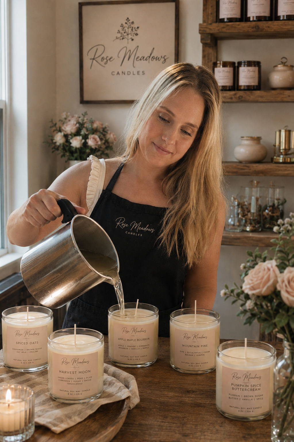 A woman in a black apron with rose meadow candles pouring melted wax into candles on a wooden table in a cozy floral shop. There are pink roses in a vase and shelves with candles and decor in the background.