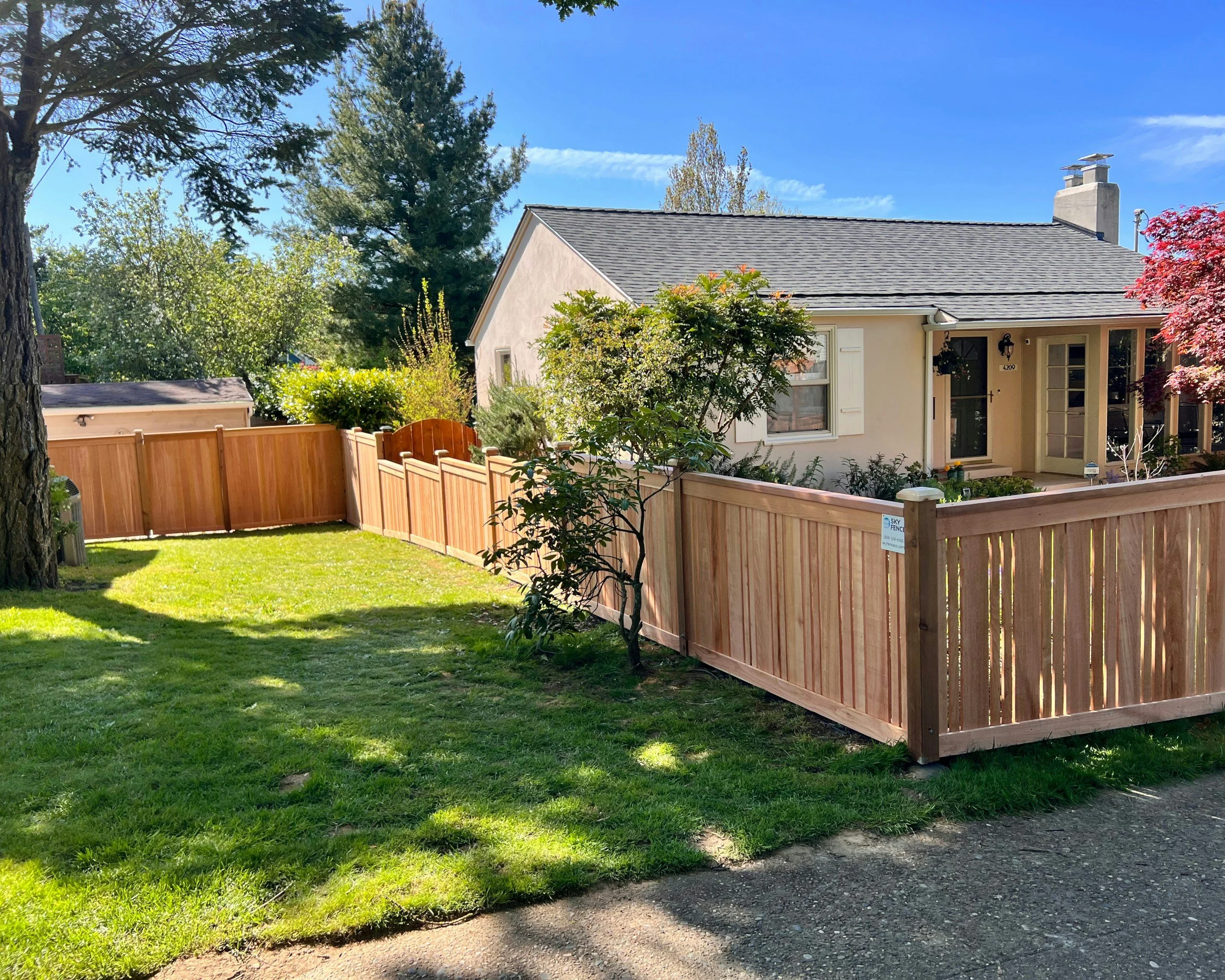 A backyard with a grassy lawn, a wooden fence, several trees, and a house with a gray shingle roof and light-colored walls under a blue sky with some thin clouds.