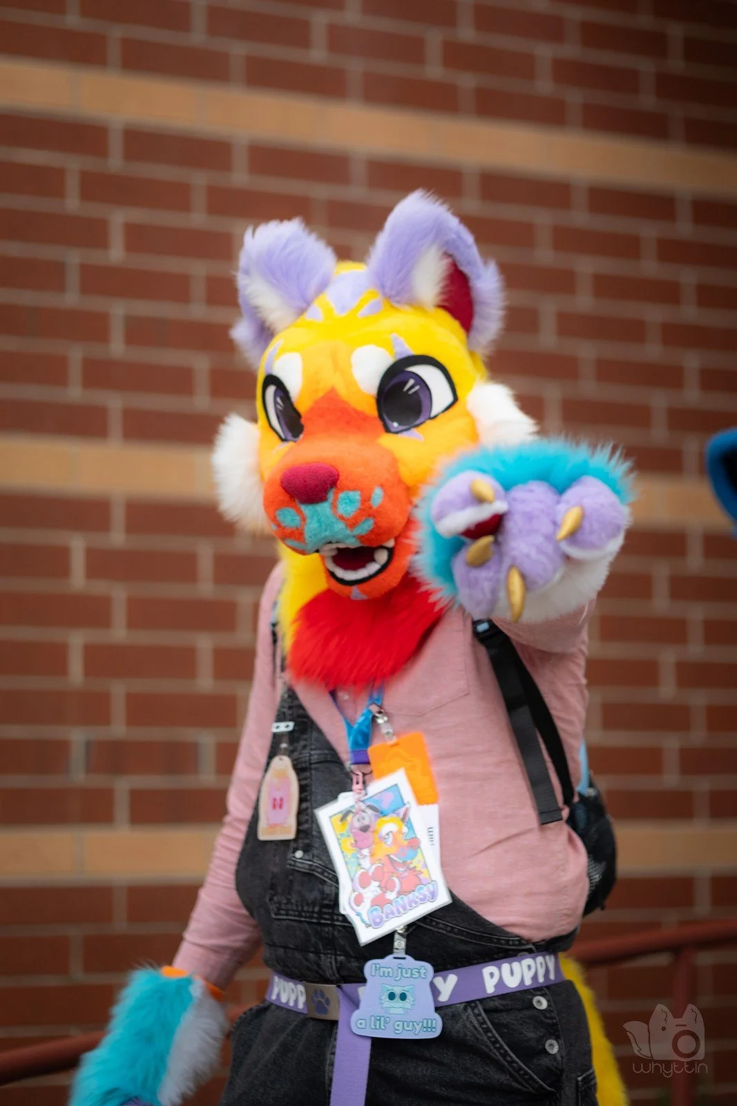 Person wearing a colorful lion fursuit head and hand, with a pink jacket, standing against a brick wall, pointing at the camera.