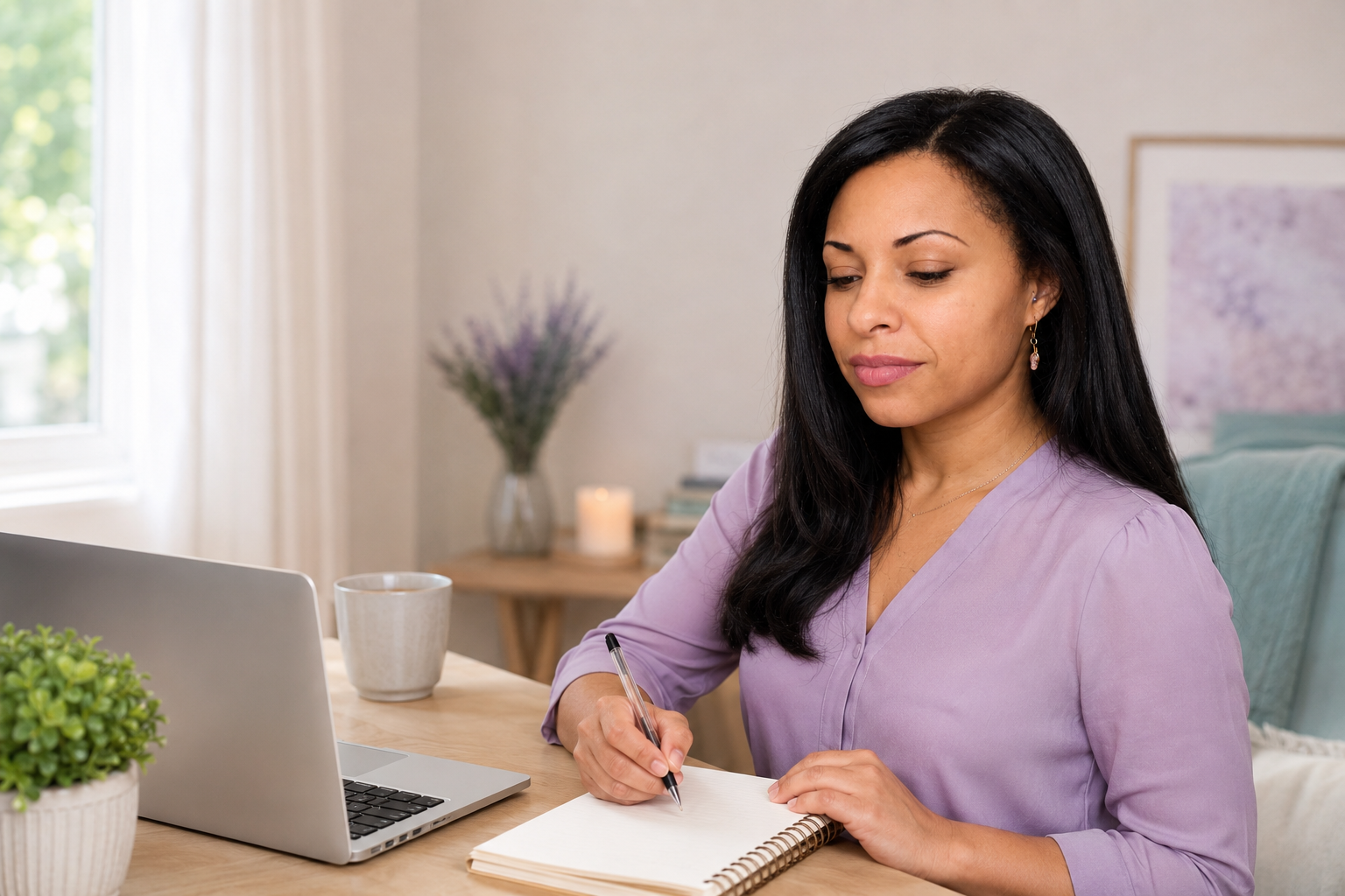 Woman sitting at a desk, writing in a notebook, with a laptop, a mug, and a plant, in a cozy room with natural light.