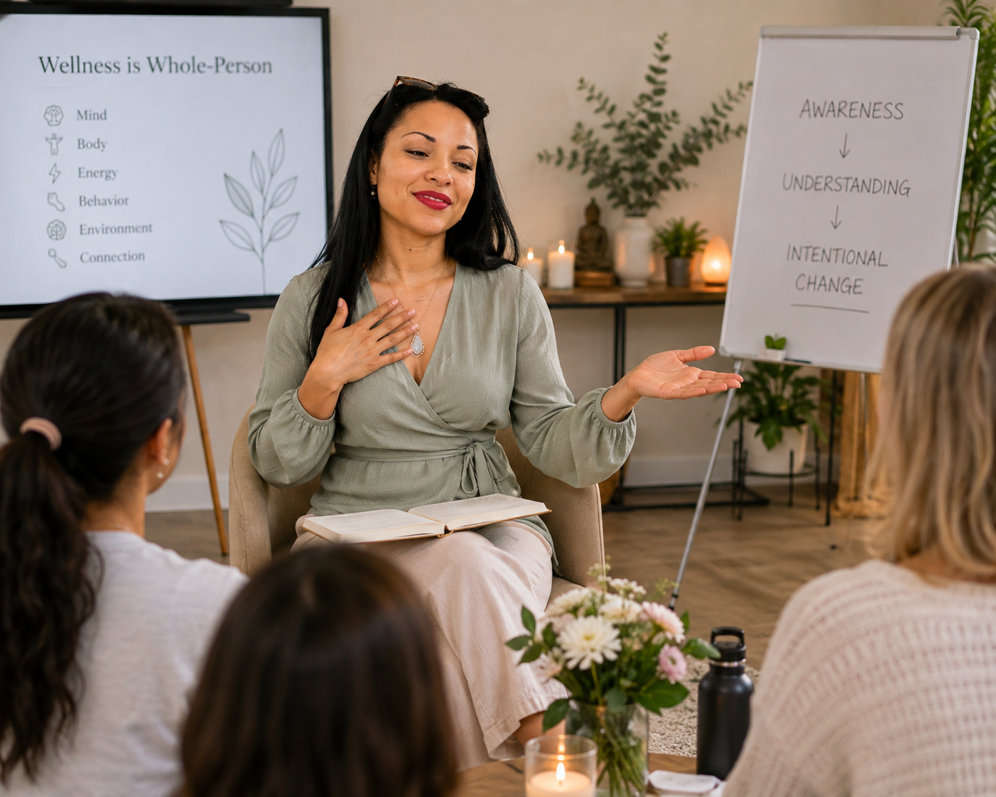 Woman giving a presentation on wellness, with a slide on a television screen and a whiteboard behind her, in a cozy room with plants and candles, attended by several women.
