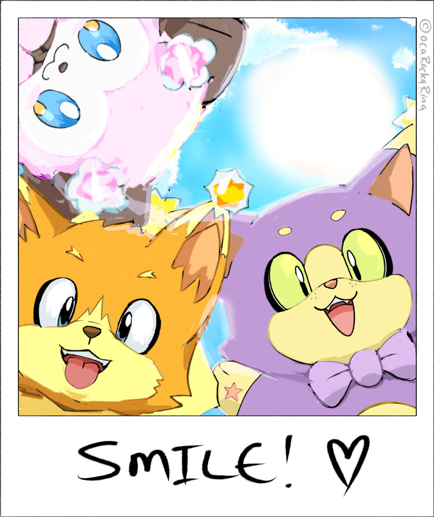 Art featuring Soleon (orange sun puppy), Lunera (purple moon kitty), and Cherishewe (pink lamb) against a bright blue, sunny sky.