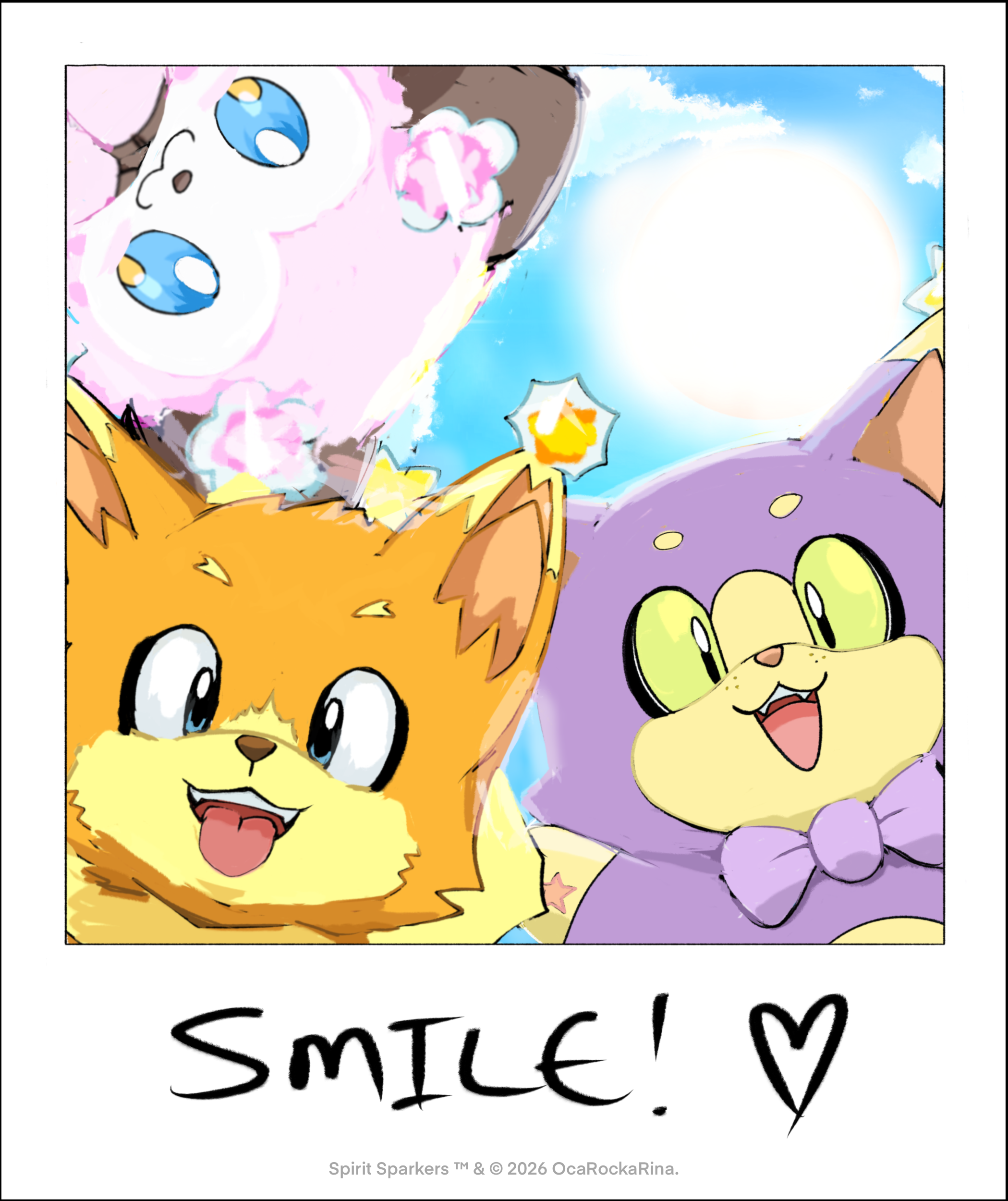 Artwork of the Spirit Sparkers crew: a sun puppy (Soleon), moon kitty (Lunera), and cherry blossom lamb character (Cherishewe) smiling at the viewer with the sun shining behind them, and the words, "SMILE!" written below.