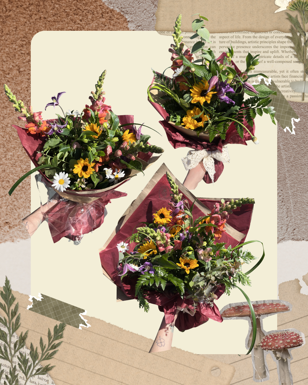 Three colourful monthly flower subscription bouquets with sunflowers, snapdragons and mixed flowers.