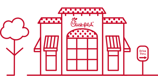 Chick-fil-A restaurant building with Drive Thru sign, trees, and a walk-up window.