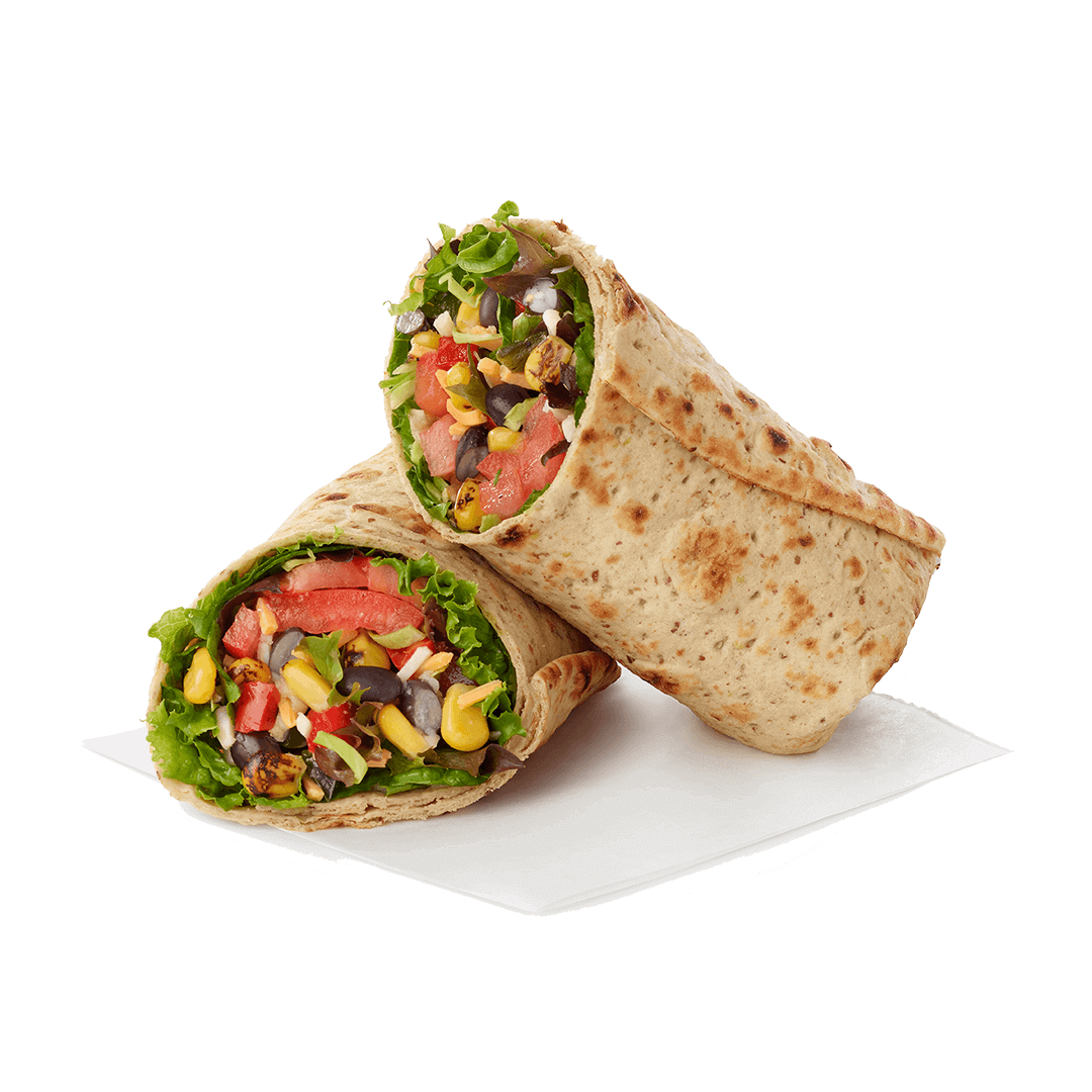 Two burritos with grilled tortillas, filled with lettuce, tomatoes, corn, black beans, and shredded cheese, placed on white paper.
