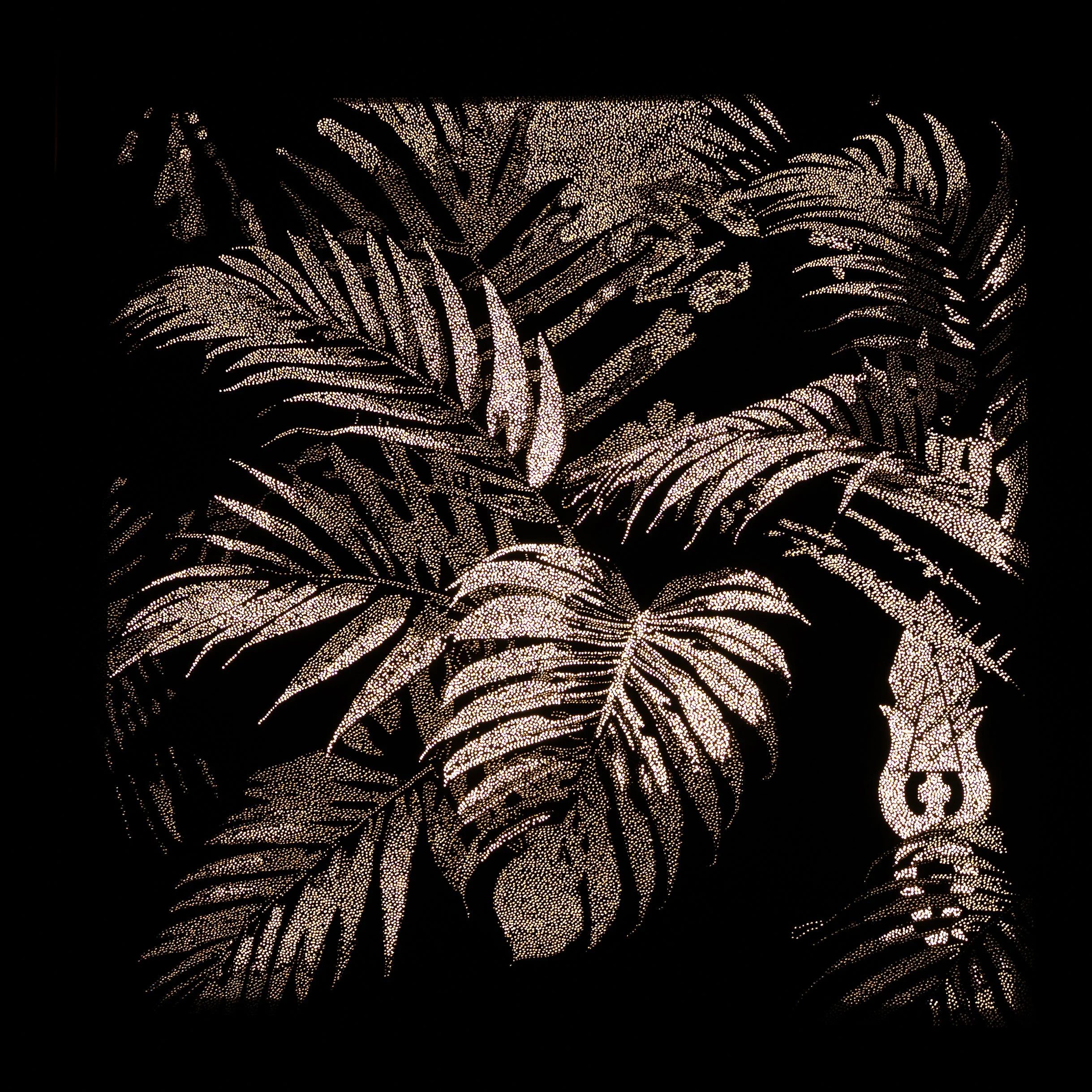 Palma Alba, a Photonic Pointillism Lightwork by contemporary artist Patrick Hüttlinger inspired by sacred geometry and the organic patterns of palm leaves.