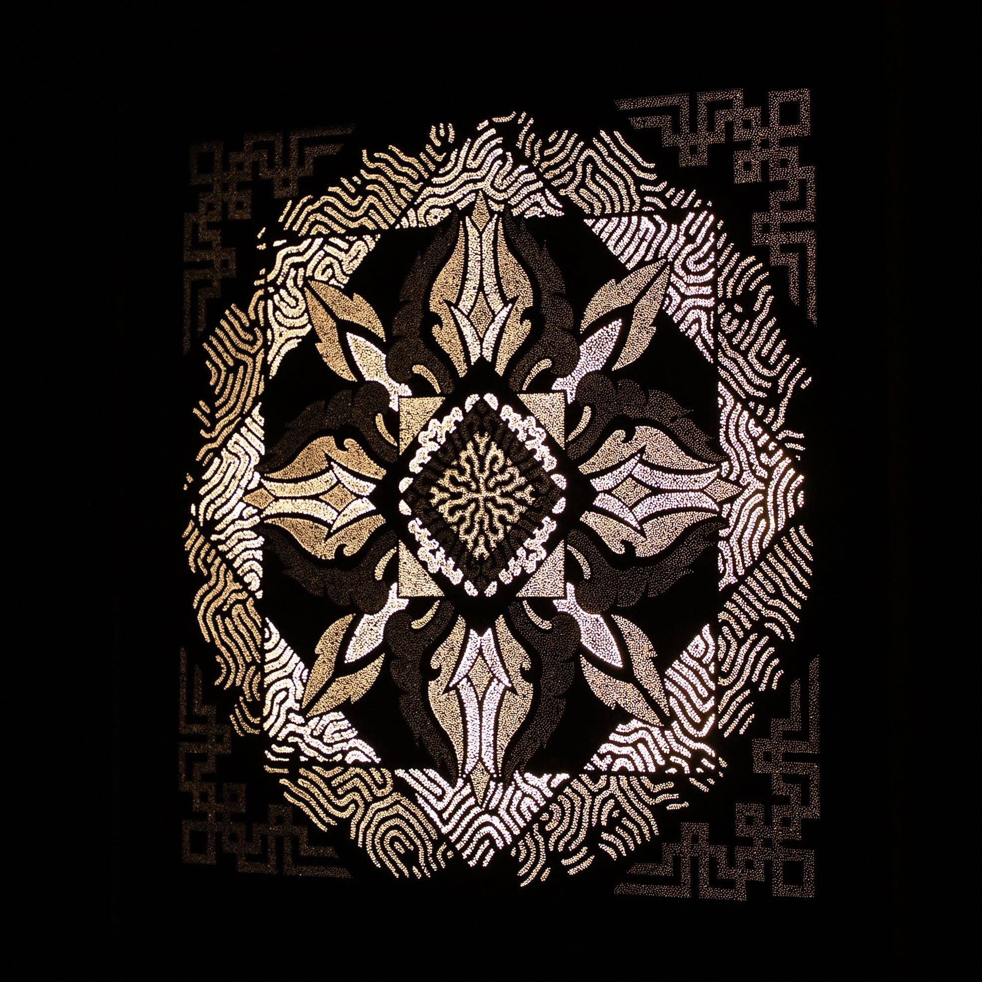 Right-side view of Arcana Lucis showing the layered structure, illuminated depth and changing visual appearance of the Photonic Pointillism Lightwork.