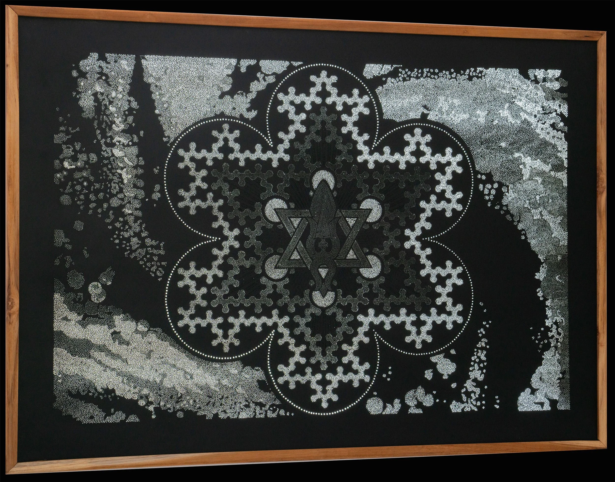 Left-side view of Connection revealing the depth, hand-drilled perforations and sculptural construction of the Photonic Pointillism Lightwork