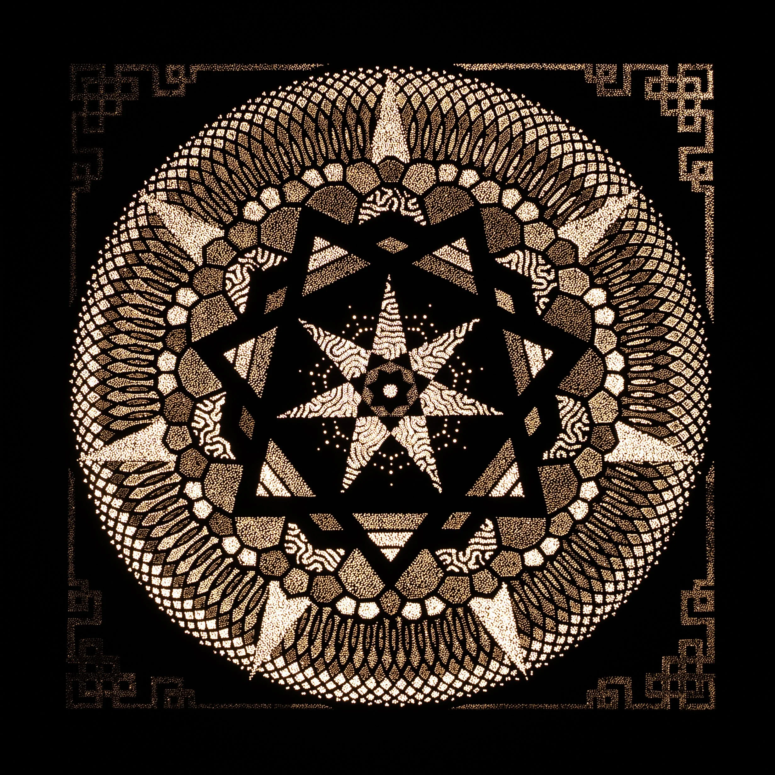 Floralis Septem, a Photonic Pointillism Lightwork by contemporary artist Patrick Hüttlinger featuring a seven-pointed star emerging through sacred geometry and floral symmetry.