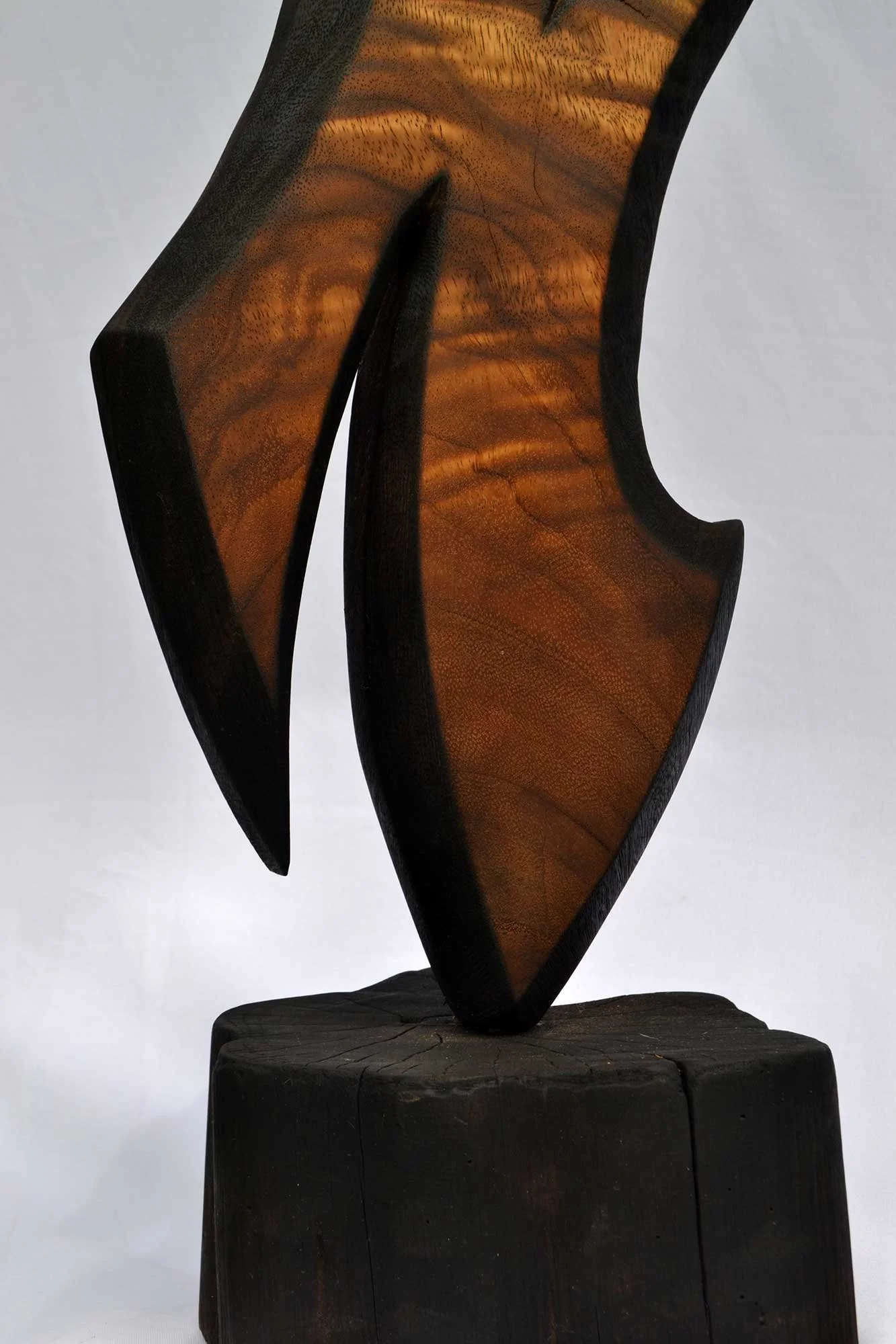 Close-up of the polished Cenizaro wood grain and flowing carved surfaces of Free Flow by Patrick Hüttlinger.