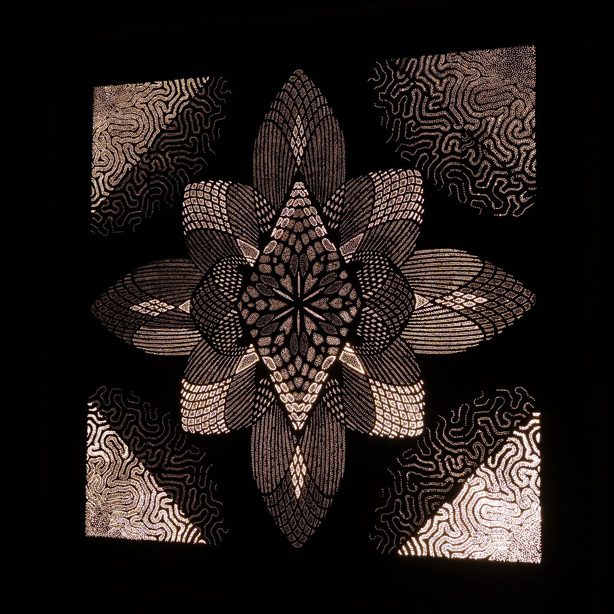 Right-side view of Flora Magnetica showing the layered structure, illuminated depth and changing visual appearance of the Photonic Pointillism Lightwork.