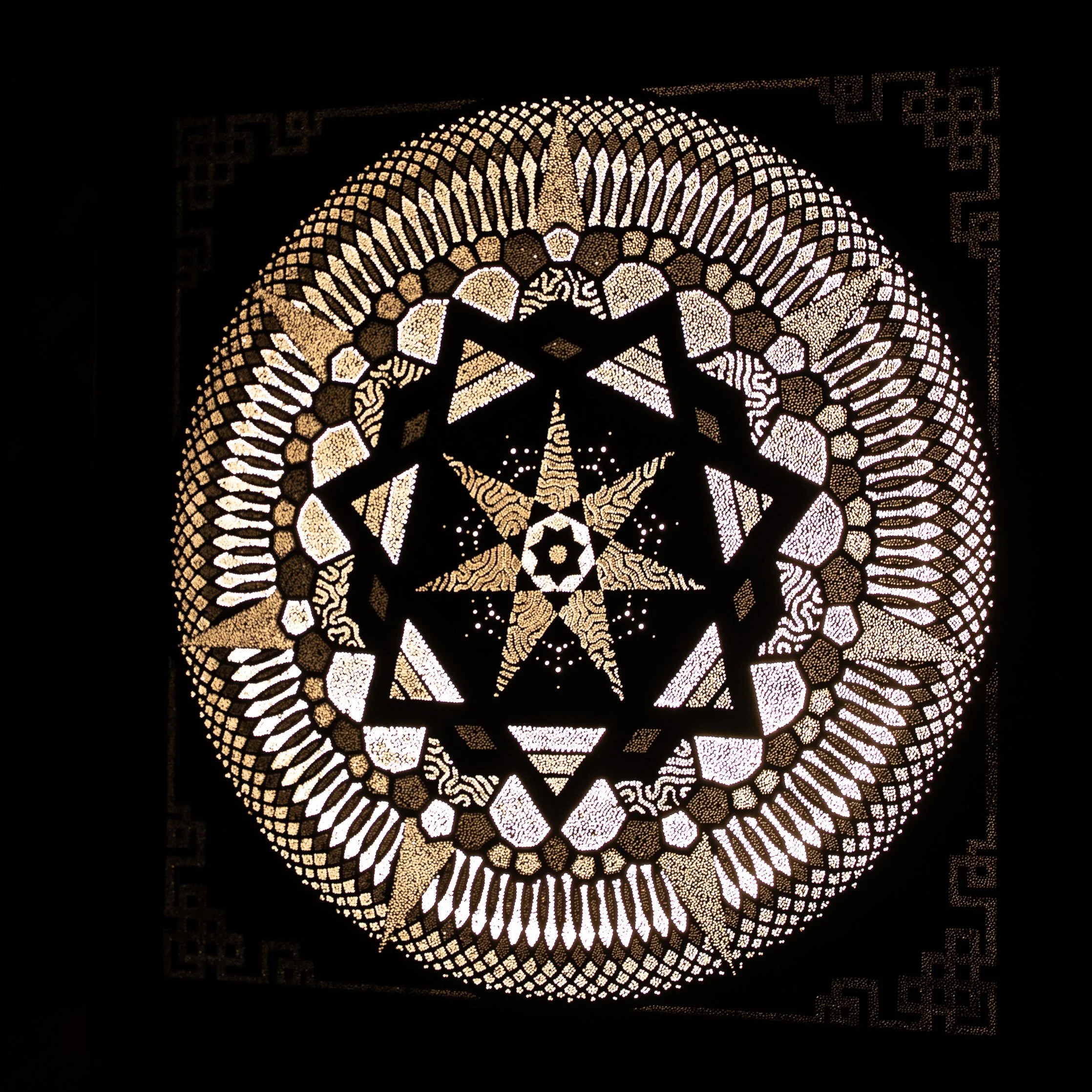Right-side view of Floralis Septem showing the layered structure, illuminated depth and changing visual appearance of the Photonic Pointillism Lightwork.