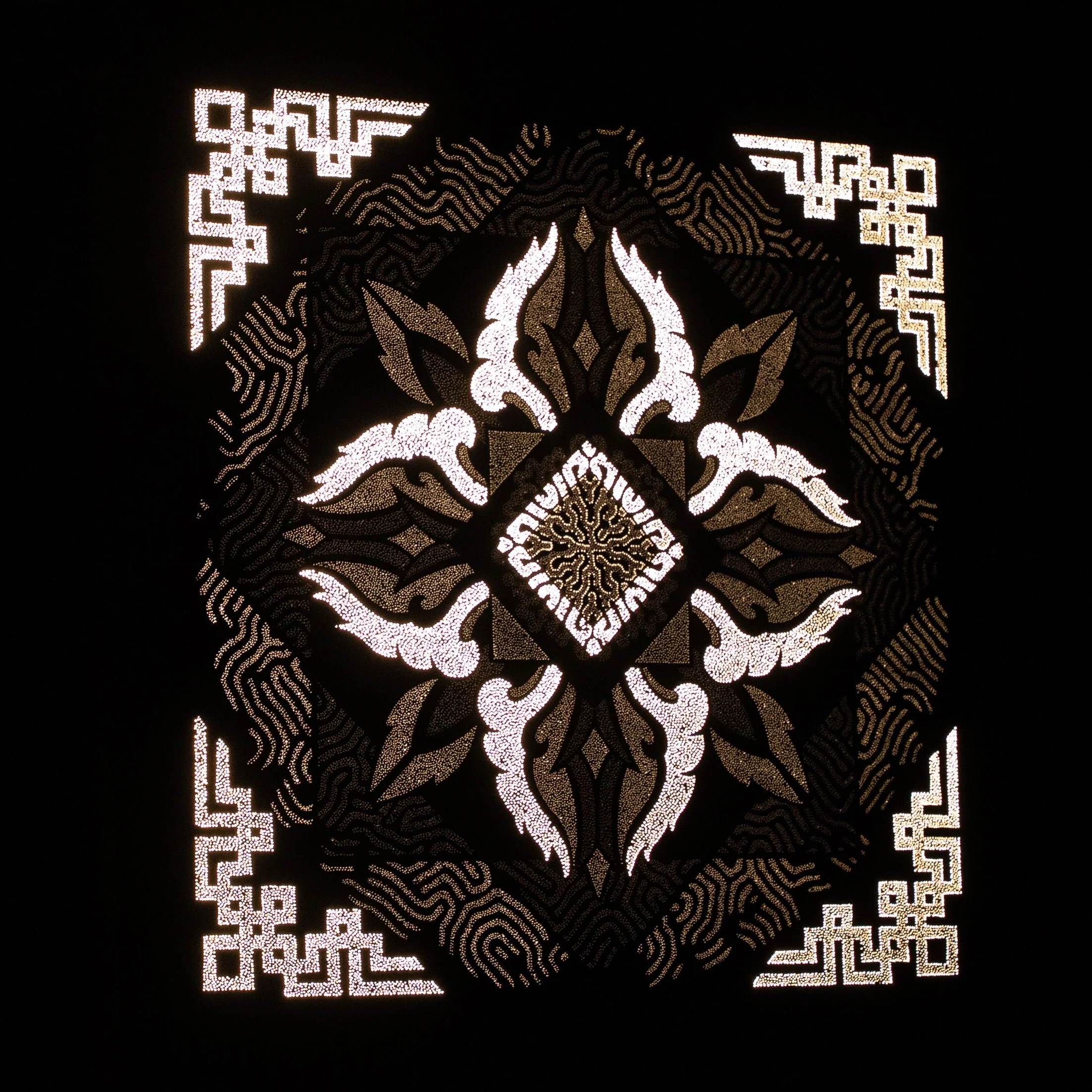 Left-side view of Arcana Lucis revealing the depth, hand-drilled perforations and sculptural construction of the Photonic Pointillism Lightwork.