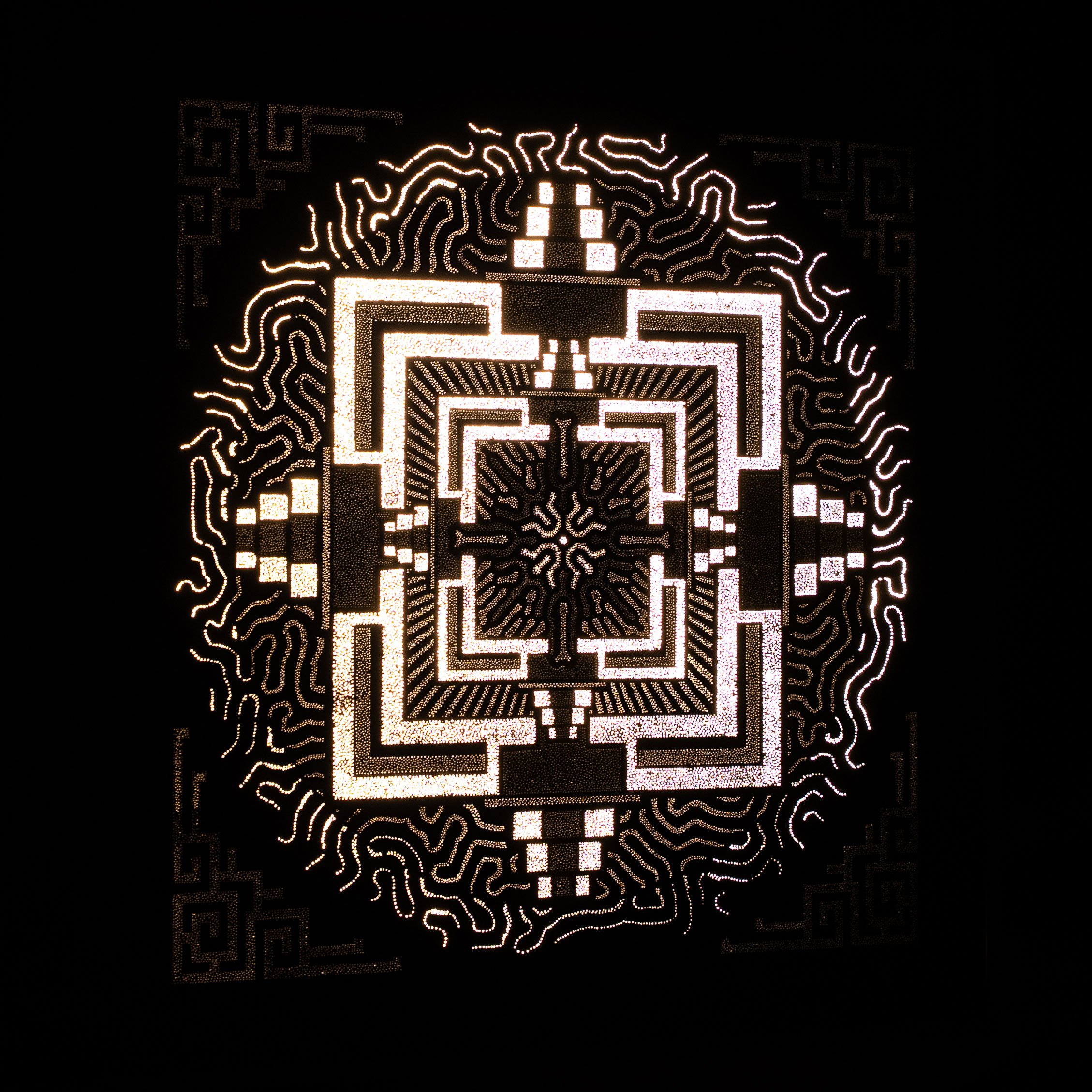 Left-side view of Gaia Veneranda revealing the depth, hand-drilled perforations and sculptural construction of the Photonic Pointillism Lightwork.