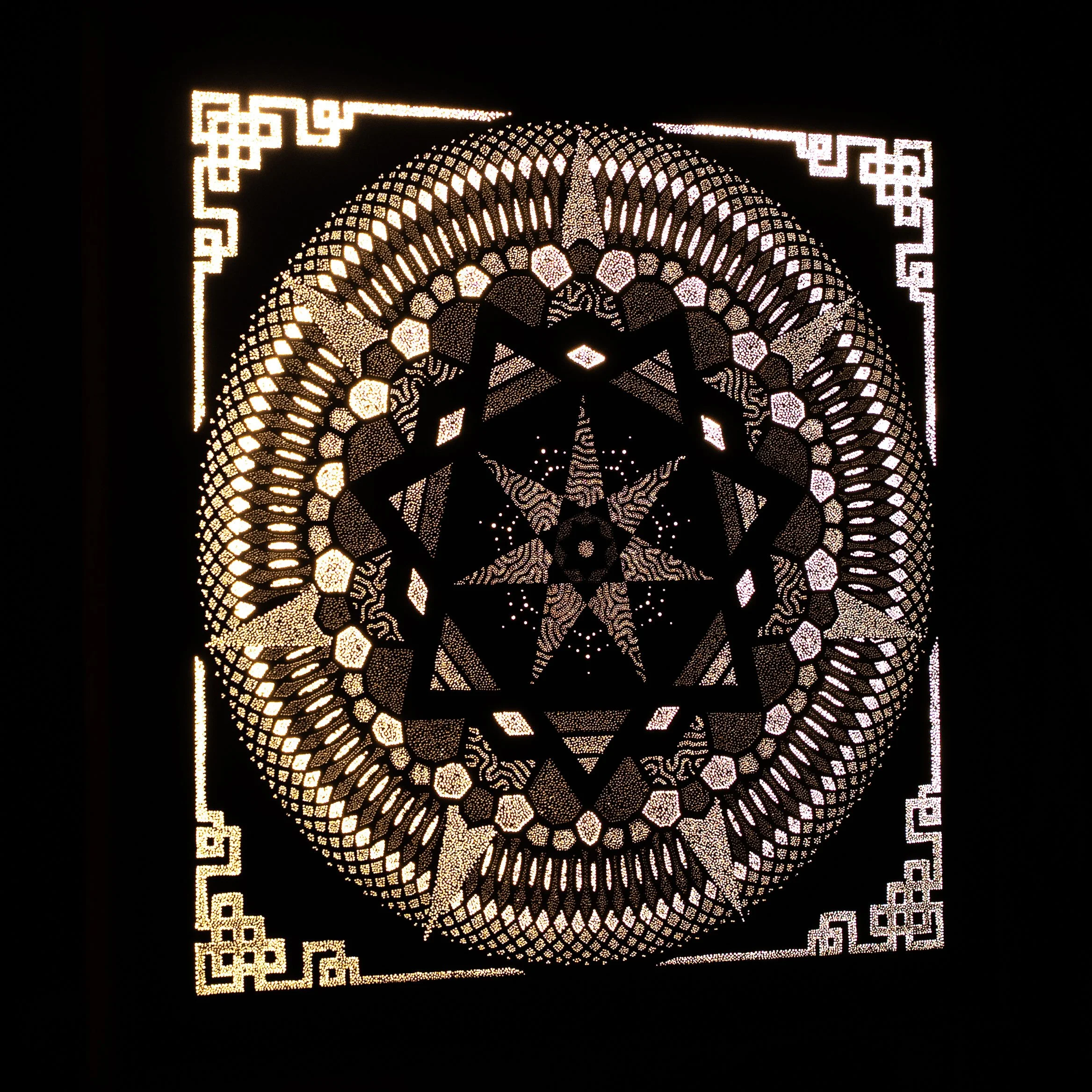 Left-side view of Floralis Septem revealing the depth, hand-drilled perforations and sculptural construction of the Photonic Pointillism Lightwork.