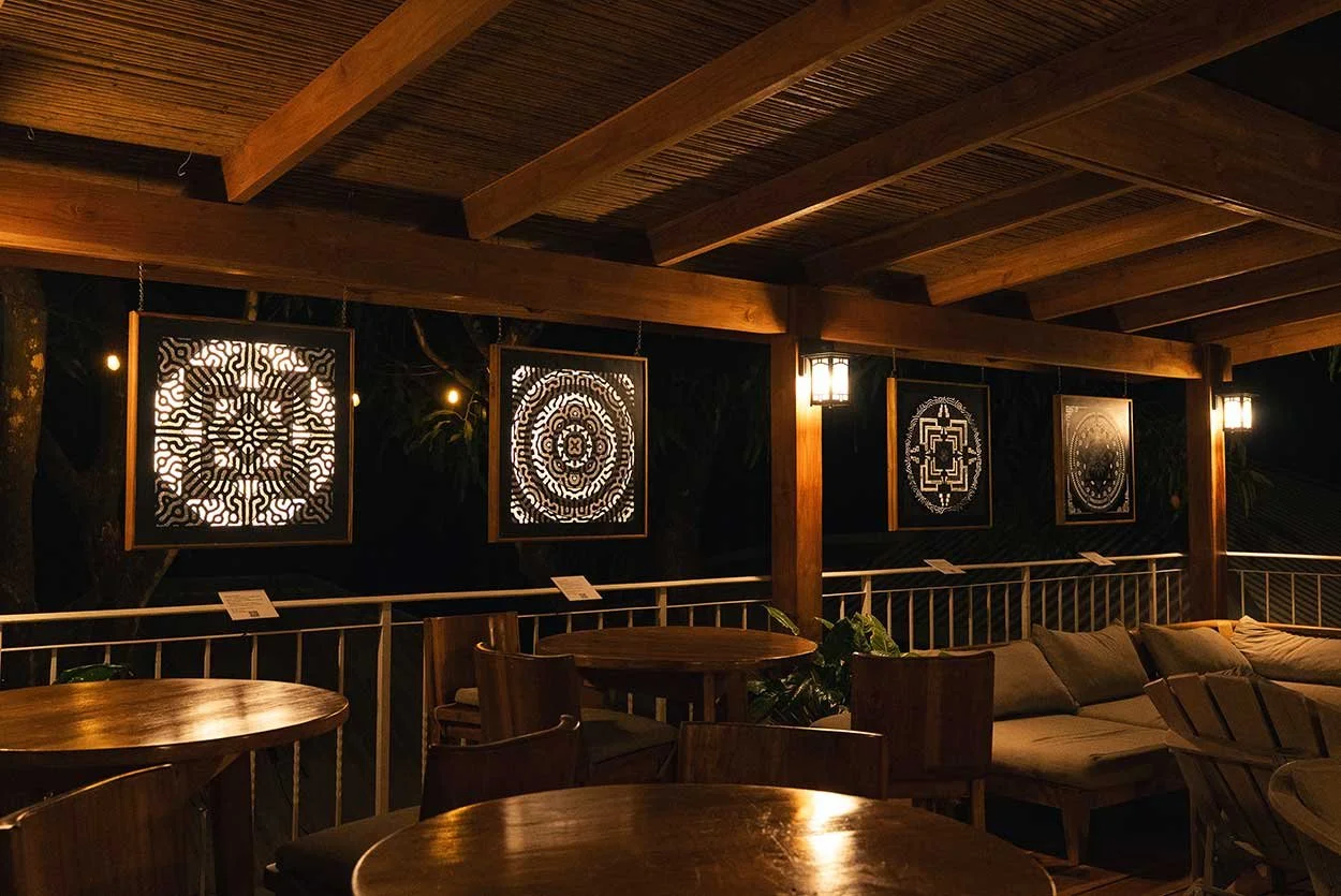 Photonic Pointillism Lightworks installed in a yoga resort, demonstrating how illuminated artworks transform architectural spaces.