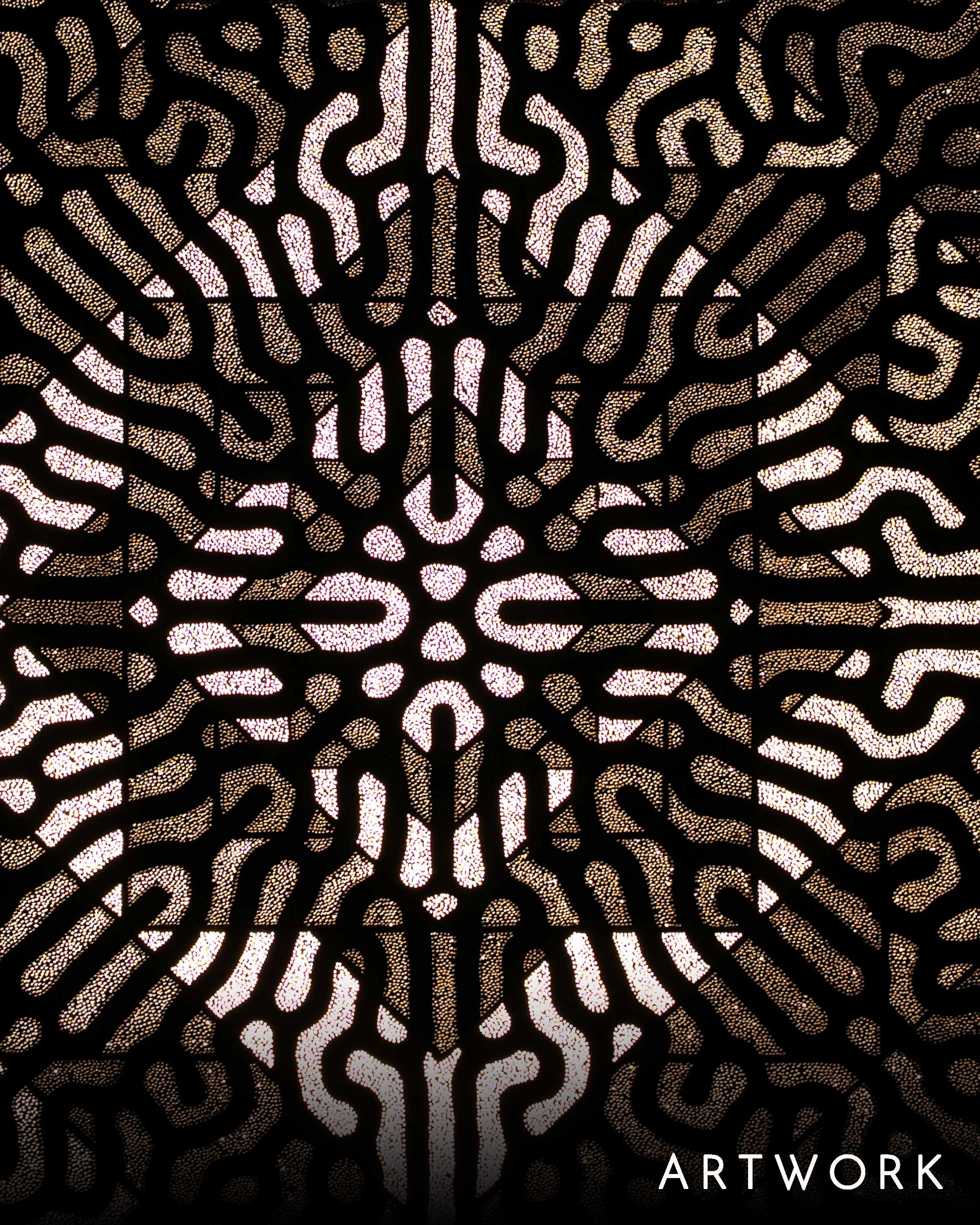 Photonic Pointillism artwork by contemporary artist Patrick Hüttlinger. Sacred geometry light sculpture with hand-drilled perforations and warm LED illumination, part of the Sakrosankt collection.