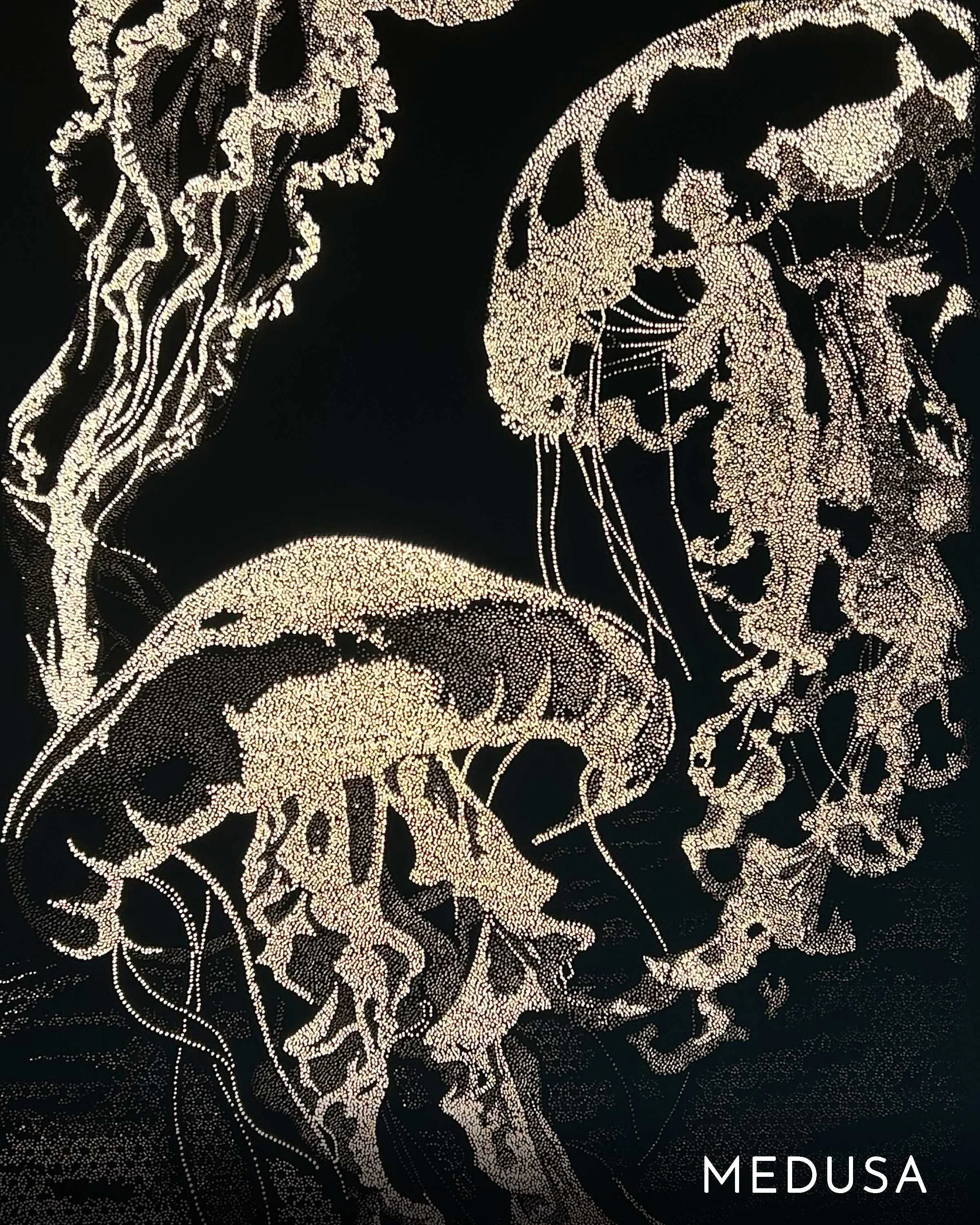Medusa Photonic Pointillism Lightwork by contemporary artist Patrick Hüttlinger inspired by the flowing movement of jellyfish.