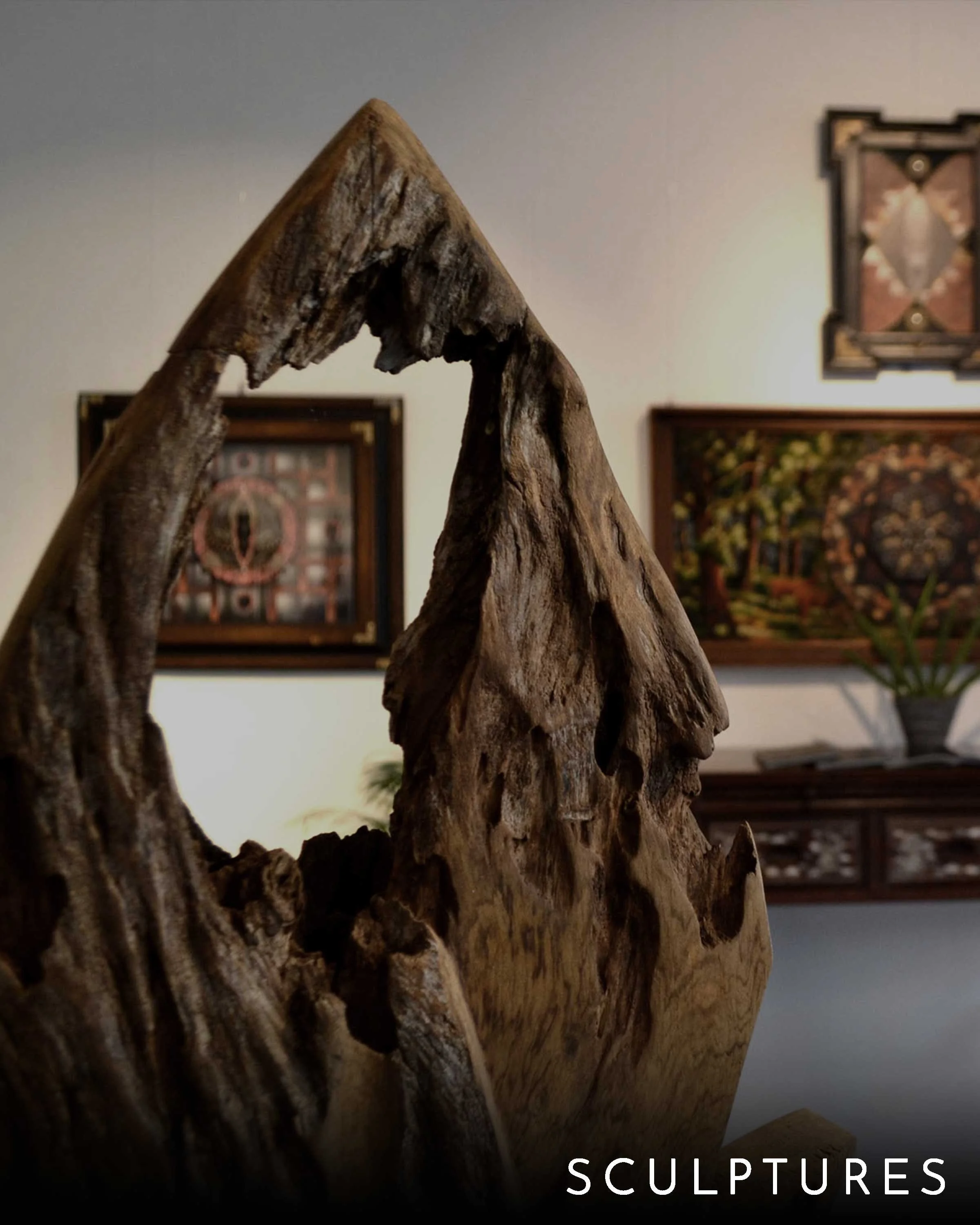 Hand-carved wooden sculpture by contemporary artist Patrick Hüttlinger inspired by sacred geometry and natural organic forms.