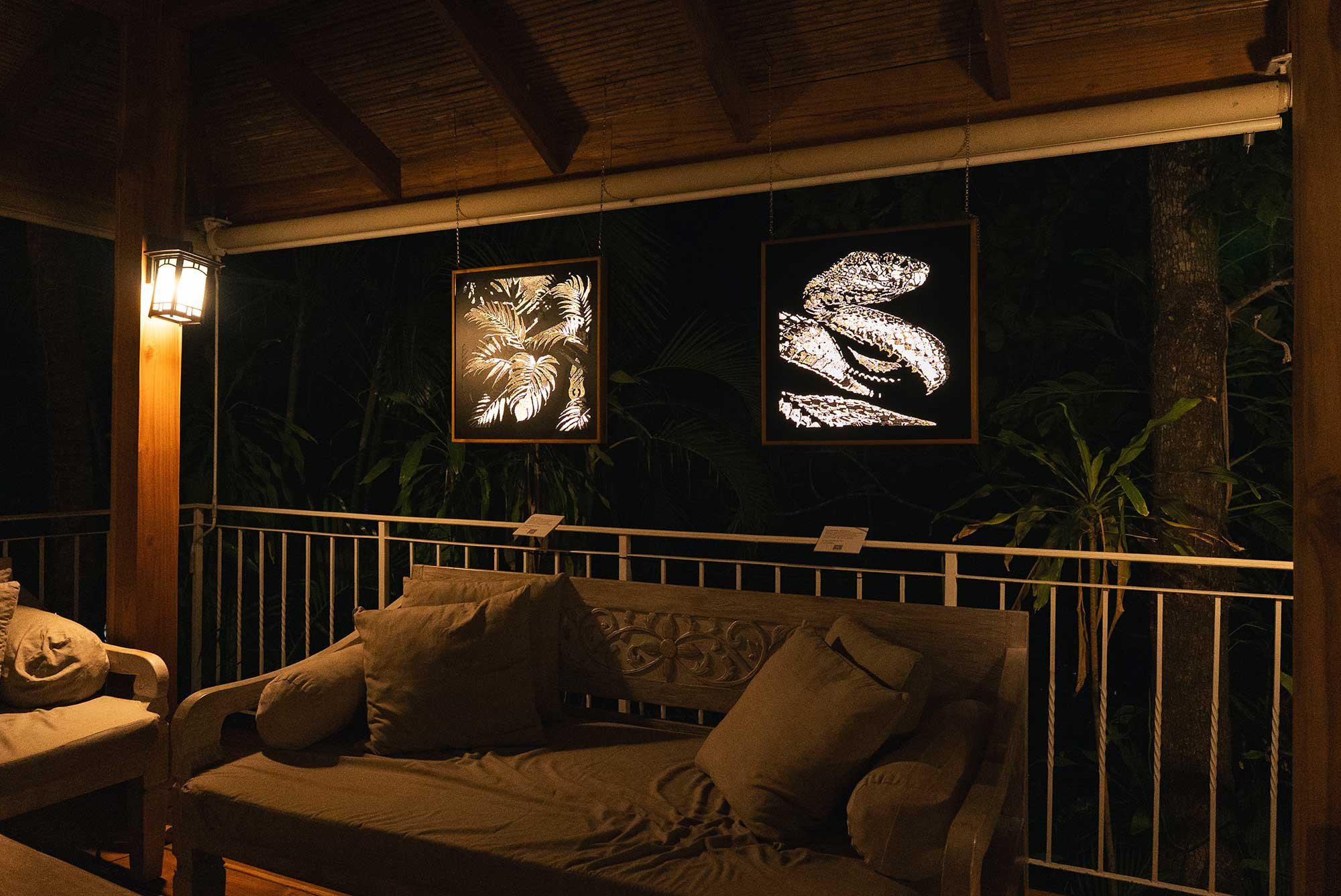 Evening installation of Patrick Hüttlinger's Photonic Pointillism Lightworks creating atmosphere, depth and quiet presence within an architectural setting.
