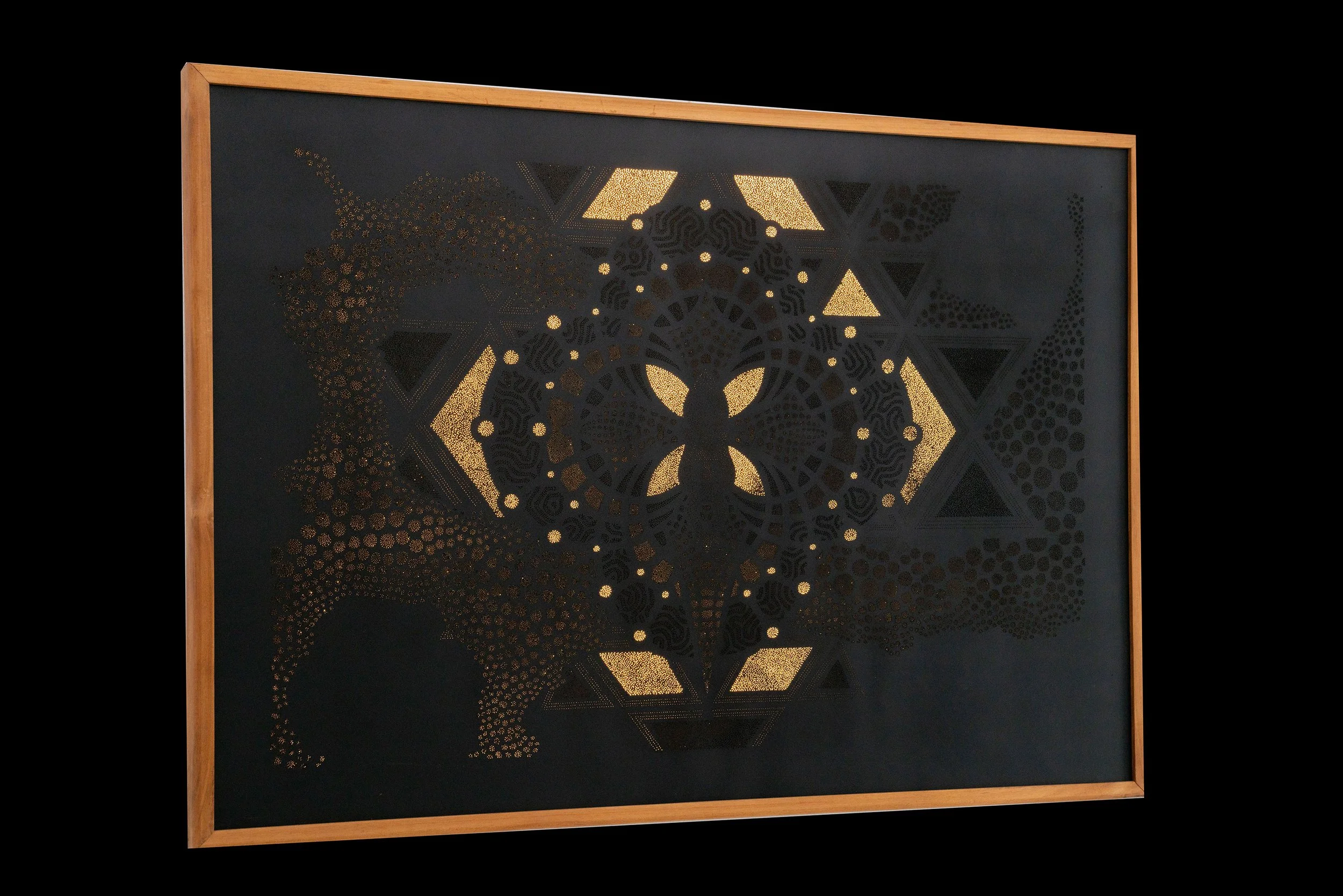 Left-side view of Divinity revealing the depth, hand-drilled perforations and sculptural construction of the Photonic Pointillism Lightwork.