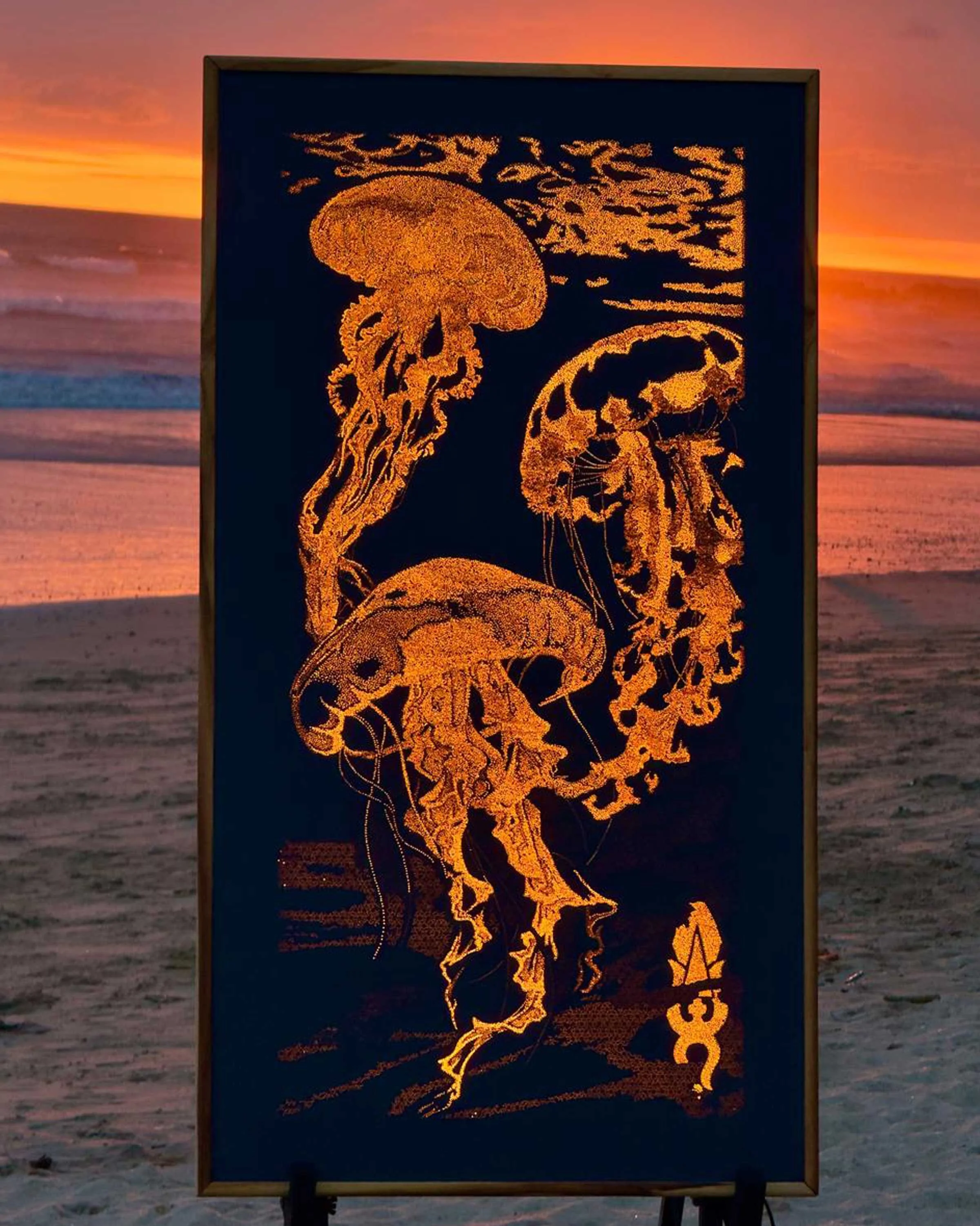 Medusa Lightwork photographed at sunset, highlighting the illuminated artwork against the natural colors of the evening sky.