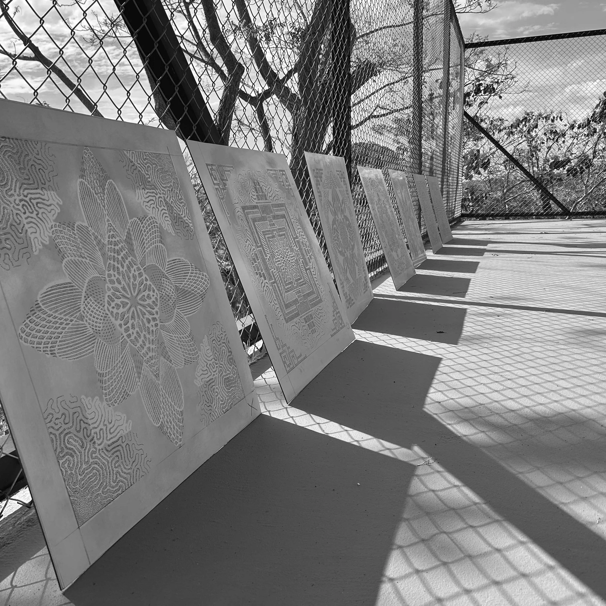 Aluminum composite panels prepared as the durable foundation for Patrick Hüttlinger's Photonic Pointillism Lightworks.